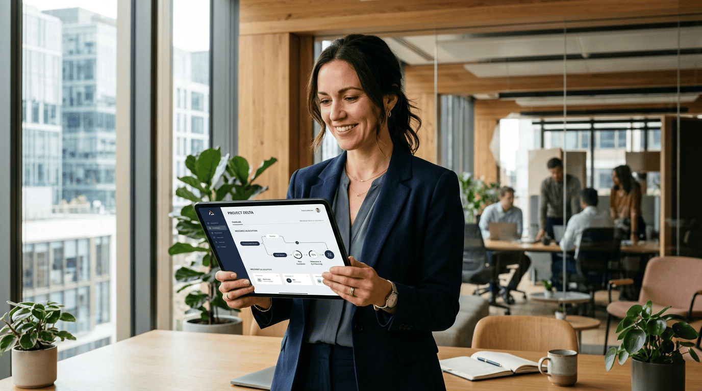 Operations manager using hybrid workforce software dashboard on a tablet