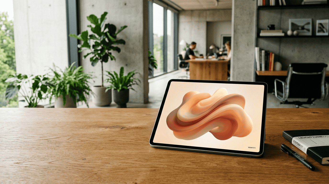 A sleek minimalist digital tablet on an oak desk displaying a warm glowing 3D abstract shape representing a custom digital agent.
