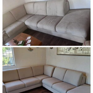 Antes y después de limpieza de sala de tela en Querétaro.- Cossta Clean