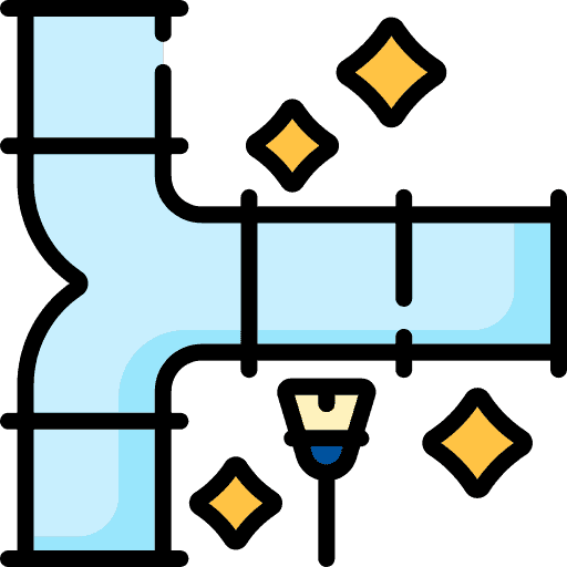 Illustration of shiny, clean water pipes with a mop and sparkling stars, symbolizing cleanliness and maintenance.