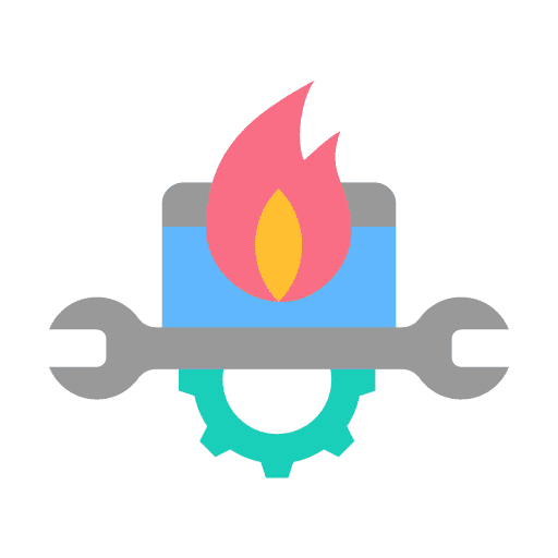 A flat illustration of a blue and gray mechanical device with a flame on top, flanked by a wrench and a gear, symbolizing repair, engineering, or technical support.