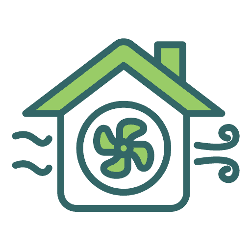 Icon of a house with a fan symbol in the center and wavy lines on both sides, representing ventilation or air flow inside the home. The roof is highlighted in green.