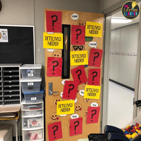 detective classroom transformation door decorated