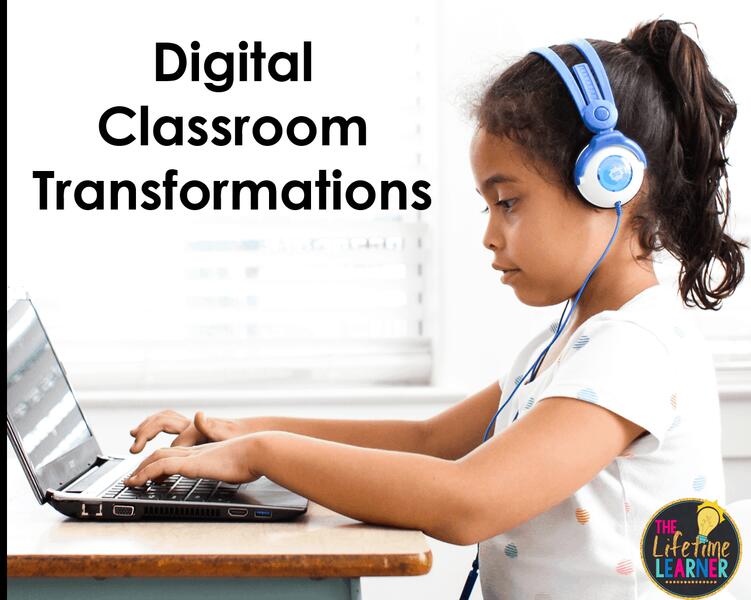 Girl with computer with digital classroom transformations in text