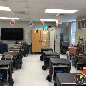 space classroom transformation posters hanging from ceiling