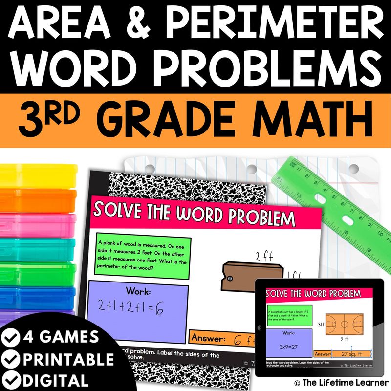 Area and Perimeter Word Problems 3rd Grade Math Task Cards