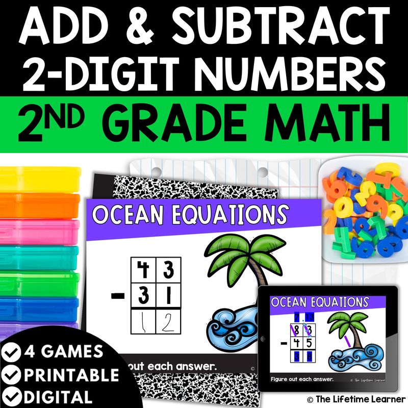 2 Digit Addition and Subtraction 2nd Grade Math Task Cards