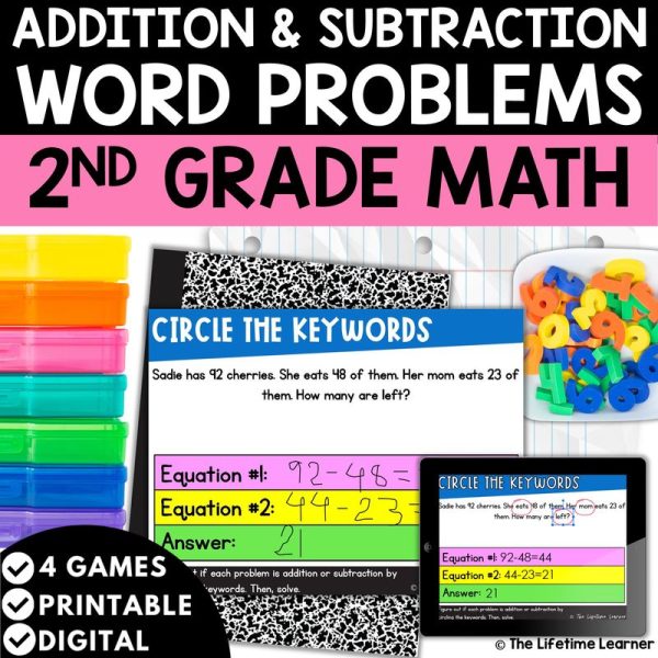Add and Subtract Word Problems within 100 2nd Grade Math Task Cards