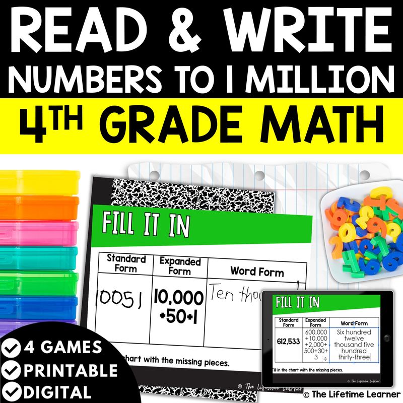 Read and Write Numbers to 1 Million 4th Grade Math Task Cards