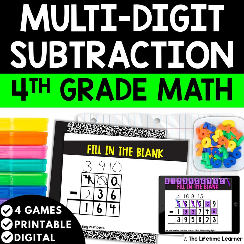 Multi-Digit Subtraction with Regrouping 4th Grade Math Task Cards