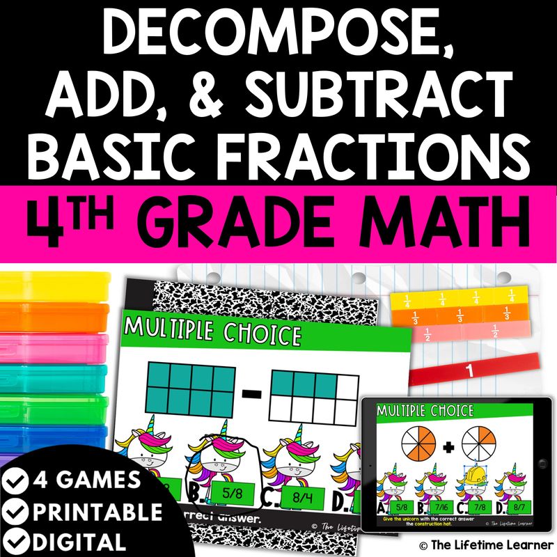 Adding and Subtracting Fractions 4th Grade Math Task Cards