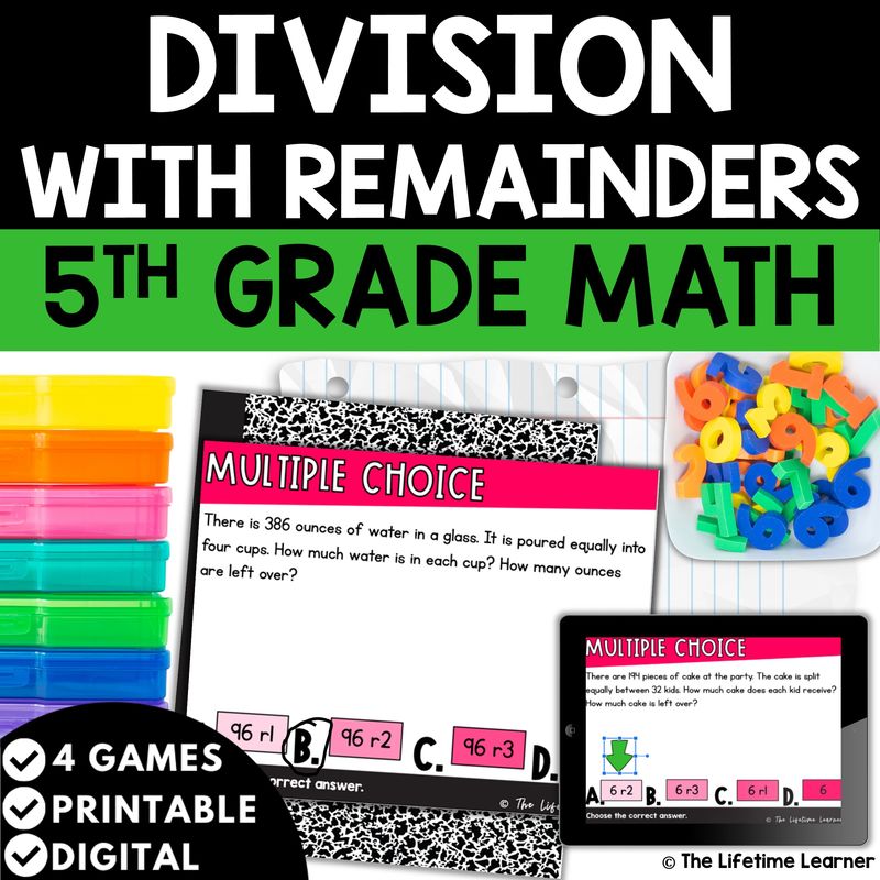 Long Division with Remainders 5th Grade Math Task Cards