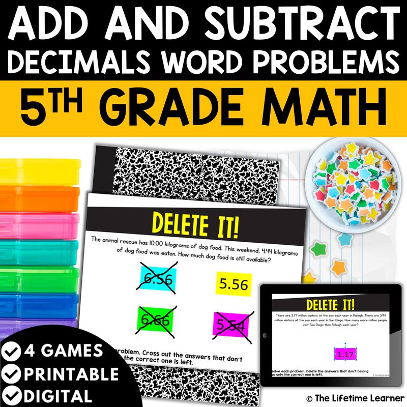 Adding and Subtracting Decimals Word Problems 5th Grade Math Task Cards
