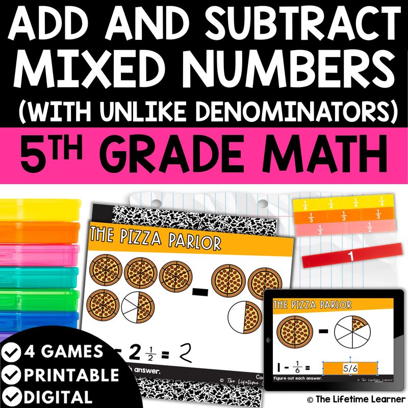 Adding and Subtracting Mixed Numbers 5th Grade Math Task Cards