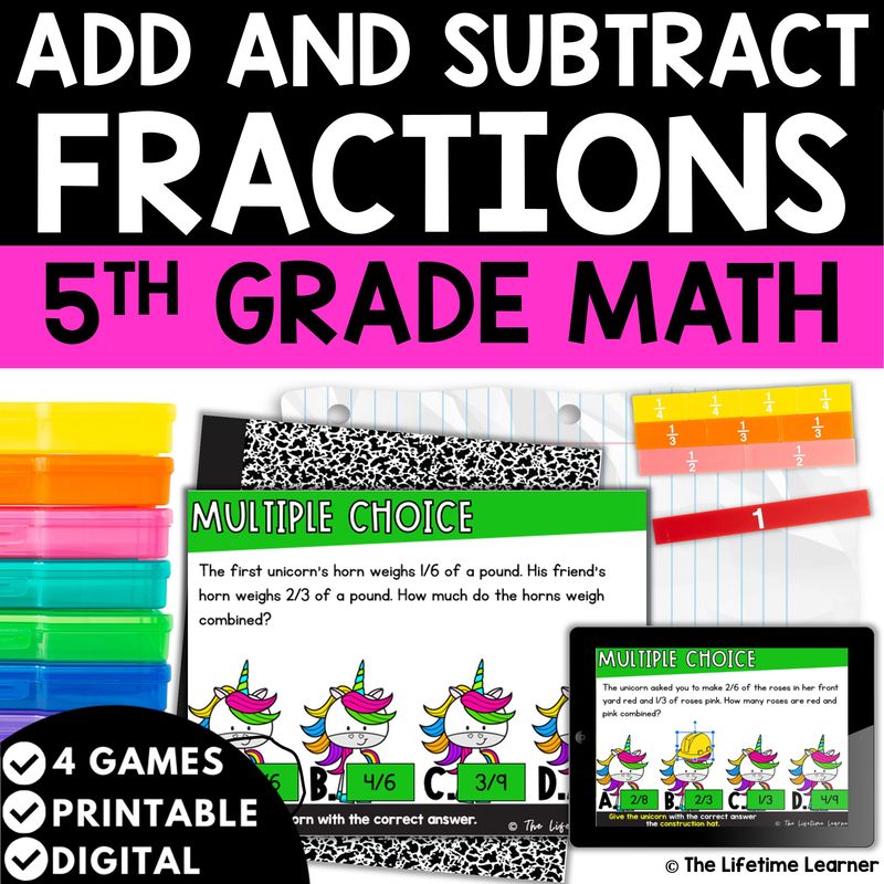 Adding and Subtracting Fractions 5th Grade Math Task Cards