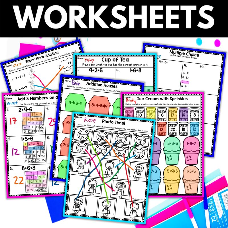 1st Grade Add 3 Numbers Worksheets - Image 2