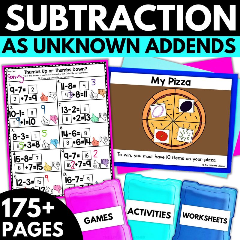 1st Grade Subtraction as Unknown Addends Worksheets
