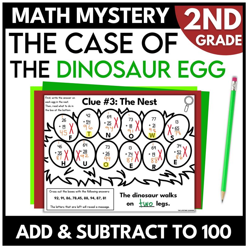 Dinosaur Math Mystery – 2nd Grade Add & Subtract to 100