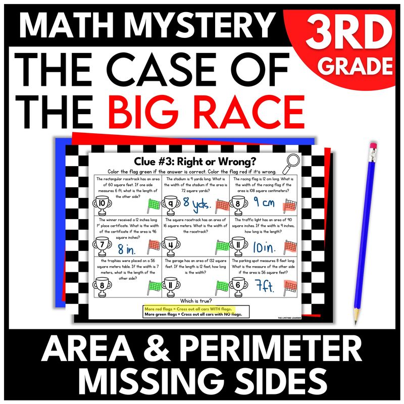 Race Car Math Mystery – 3rd Grade Area & Perimeter Missing Sides