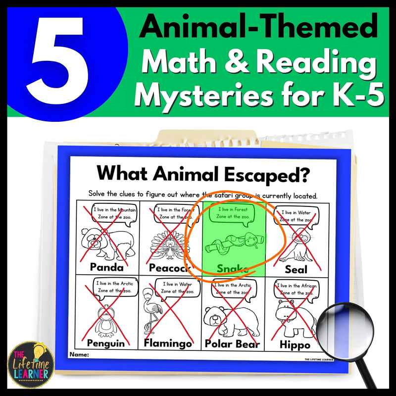5 animal math and reading mysteries for k-5
