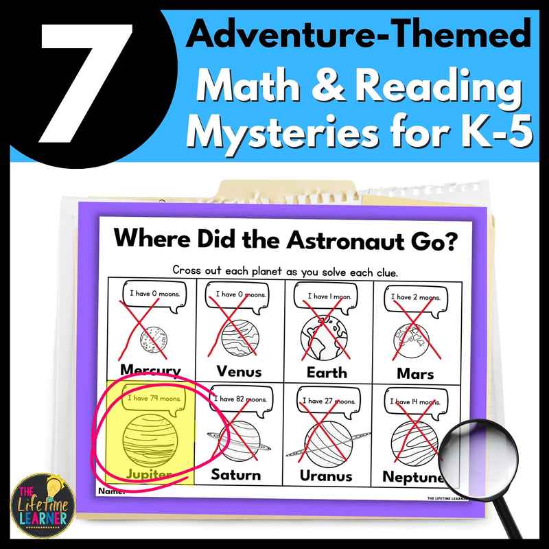 7 adventure themed math and reading mysteries
