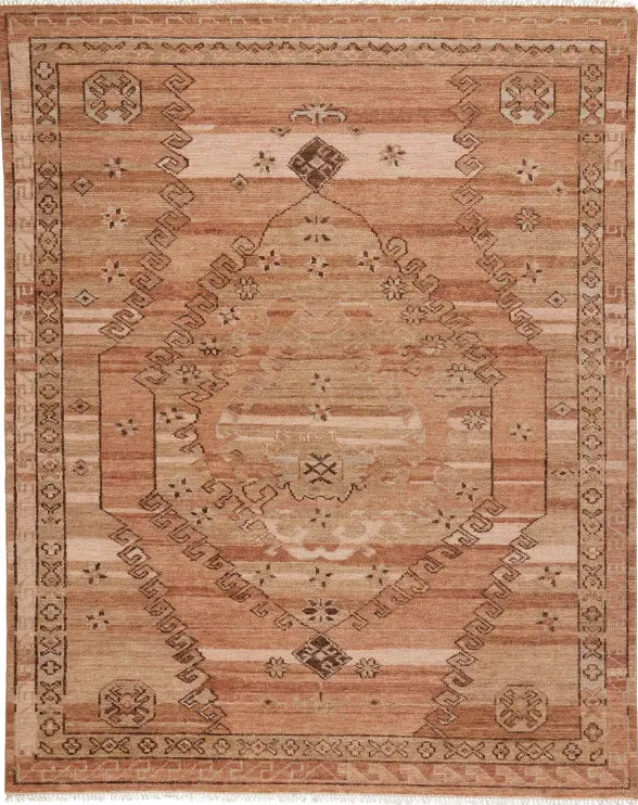 Wool area rug with traditional geometric patterns and warm earthy tones, ideal for enhancing home décor.
