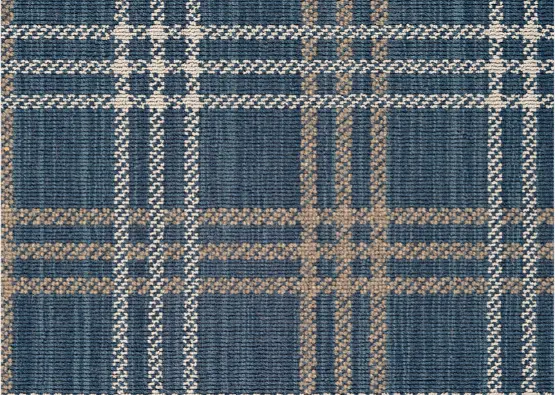 Plush blue plaid carpet with beige accents, perfect for stylish home or office flooring solutions.