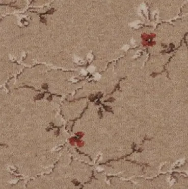 Soft beige floral patterned carpet with cherry blossom accents for elegant interior flooring.