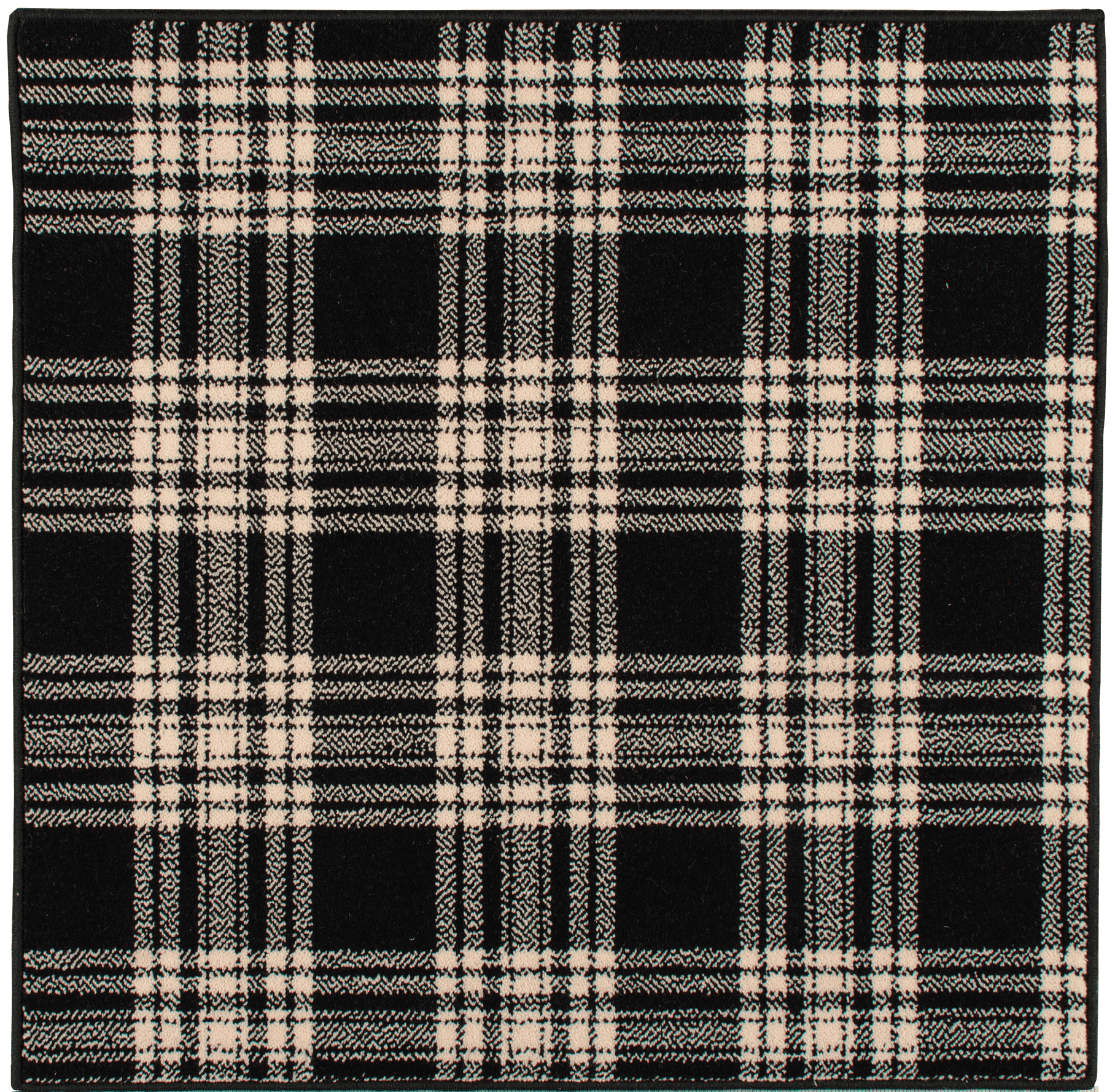Black and white plaid carpet with classic tartan pattern, ideal for living rooms and bedrooms.