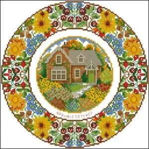 Plate. Cottage. Autumn-cross-stitch design.