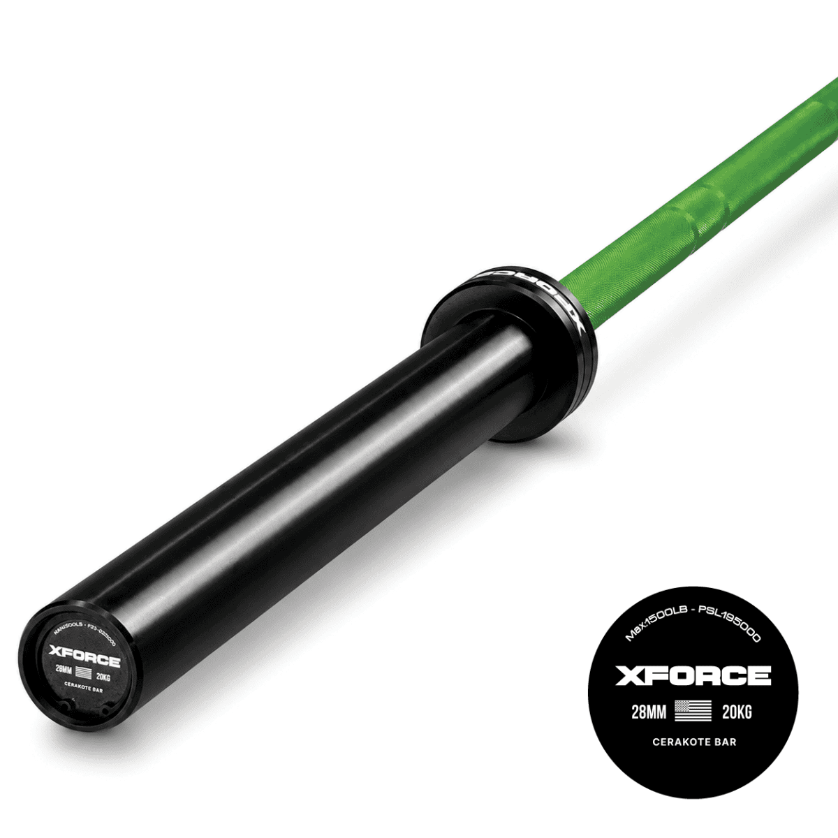 بار أولمبي سيراكوت من XFORCE وزن 20 كجم باللون الأخضر والأسود لرفع الأثقال
