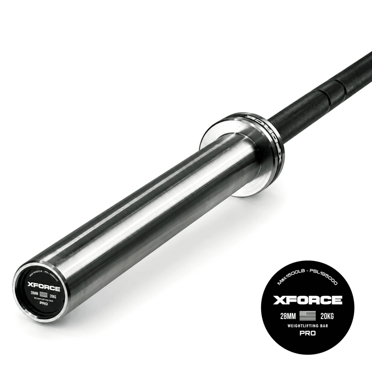 بار أولمبي أسود من XFORCE وزن 20 كجم لرفع الأثقال بطول 220 سم وقطر قبضة 28 مم