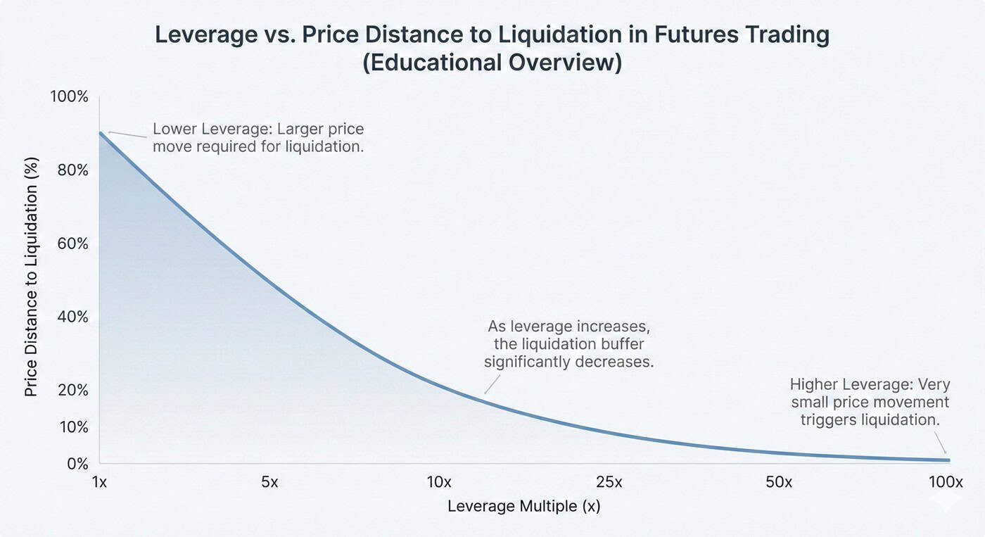 Chart showing how higher leverage reduces the price distance to liquidation in futures trading