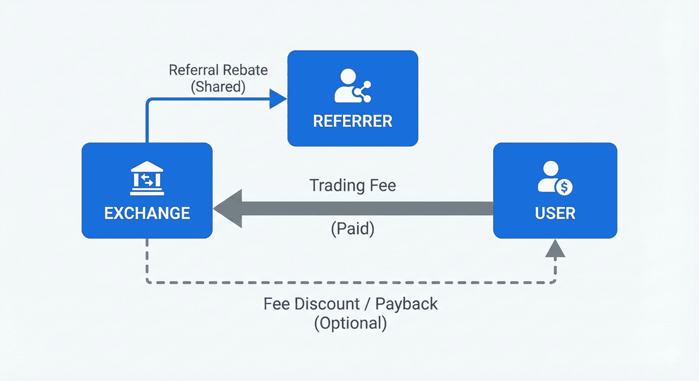 Flowchart showing how trading fees move between an exchange, referrer, and user