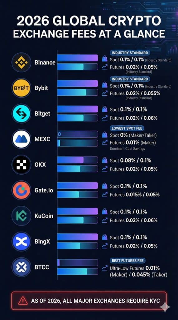 2026년 글로벌 암호화폐 거래소 수수료 비교 인포그래픽 – Binance, Bybit, MEXC, OKX, Bitget, Gate.io, KuCoin, BingX, BTCC의 현물 및 선물 수수료