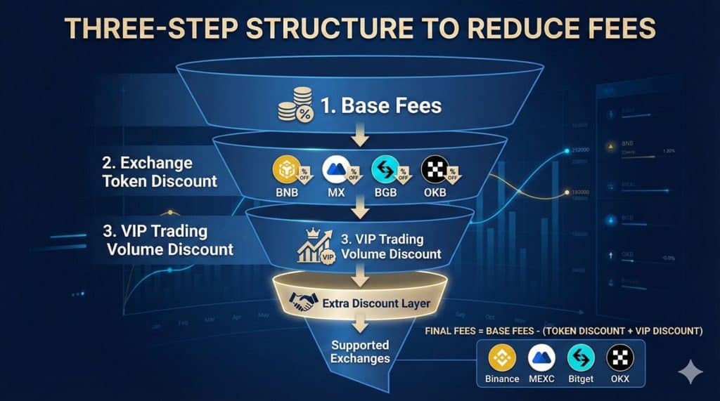 암호화폐 거래소 수수료 할인 구조 다이어그램 – 기본 수수료, 코인 할인, VIP 거래량, 레퍼럴 리베이트 구조