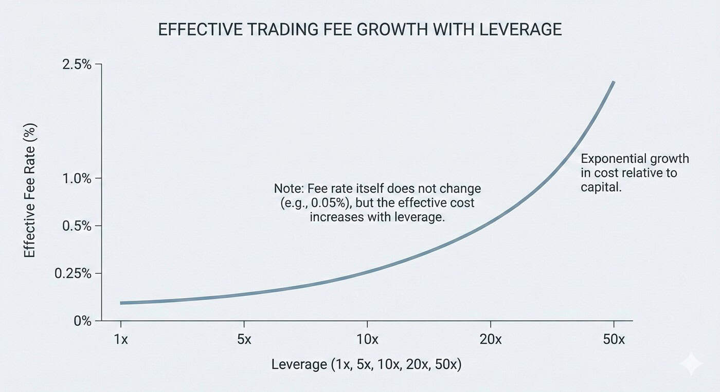 Graph showing how effective trading fees increase exponentially as leverage multiples rise in futures trading