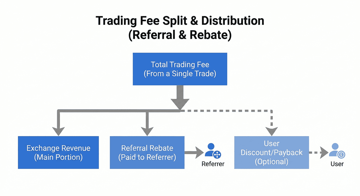 Infographic showing how a trading fee is split between an exchange, referrer, and user