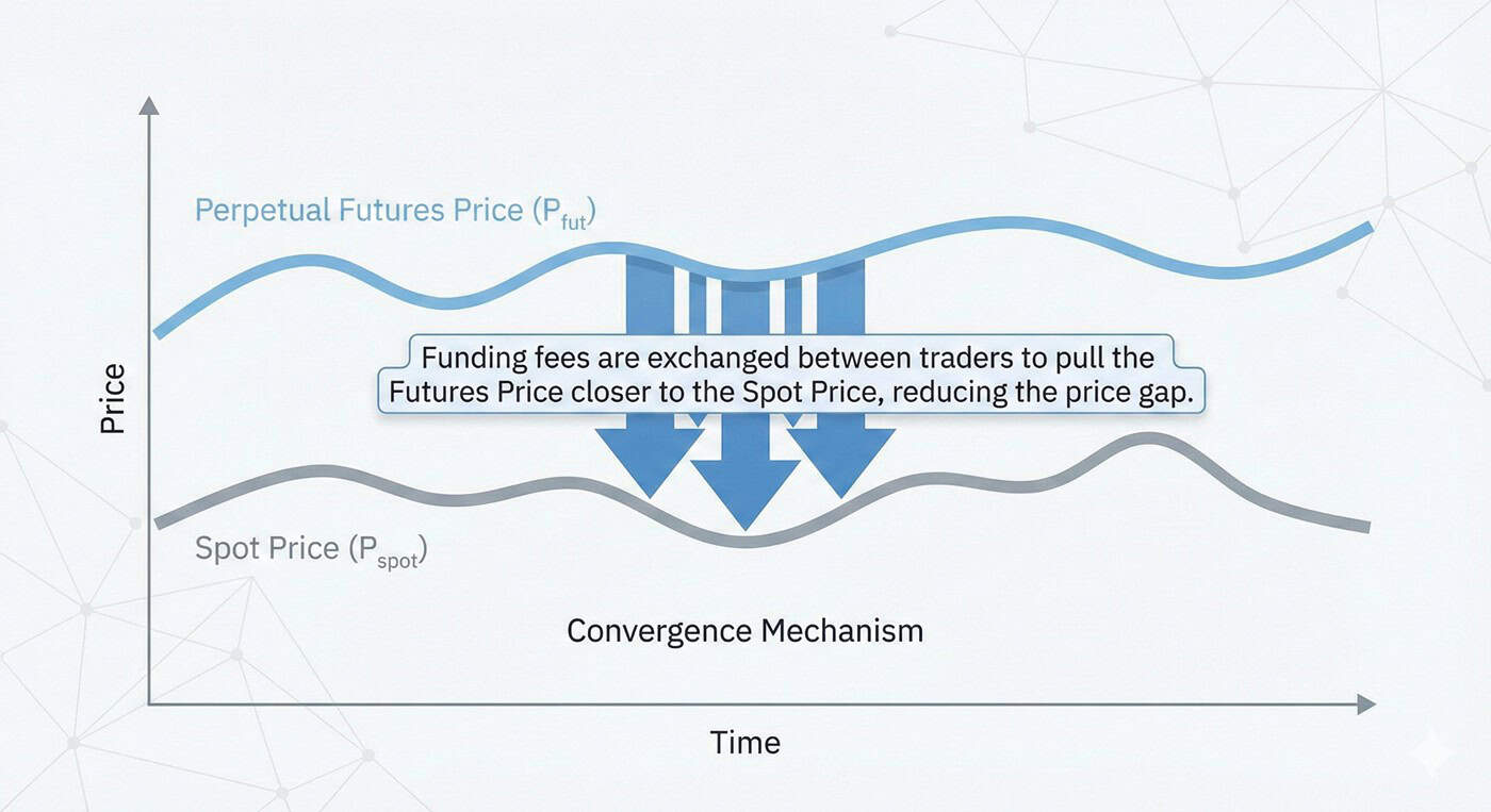 Infographic showing how funding fees work by pulling perpetual futures prices toward spot prices to reduce price divergence Infographic showing how funding fees work by pulling perpetual futures prices toward spot prices to reduce price divergence