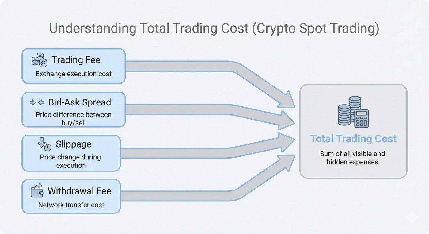 Total trading cost structure including fees, spread, and slippage in spot trading