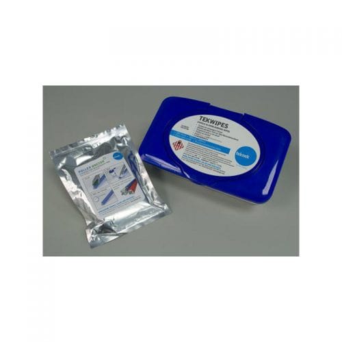Disposable TEKWIPES wipes in blue case with silver packet for industrial cleaning and maintenance.