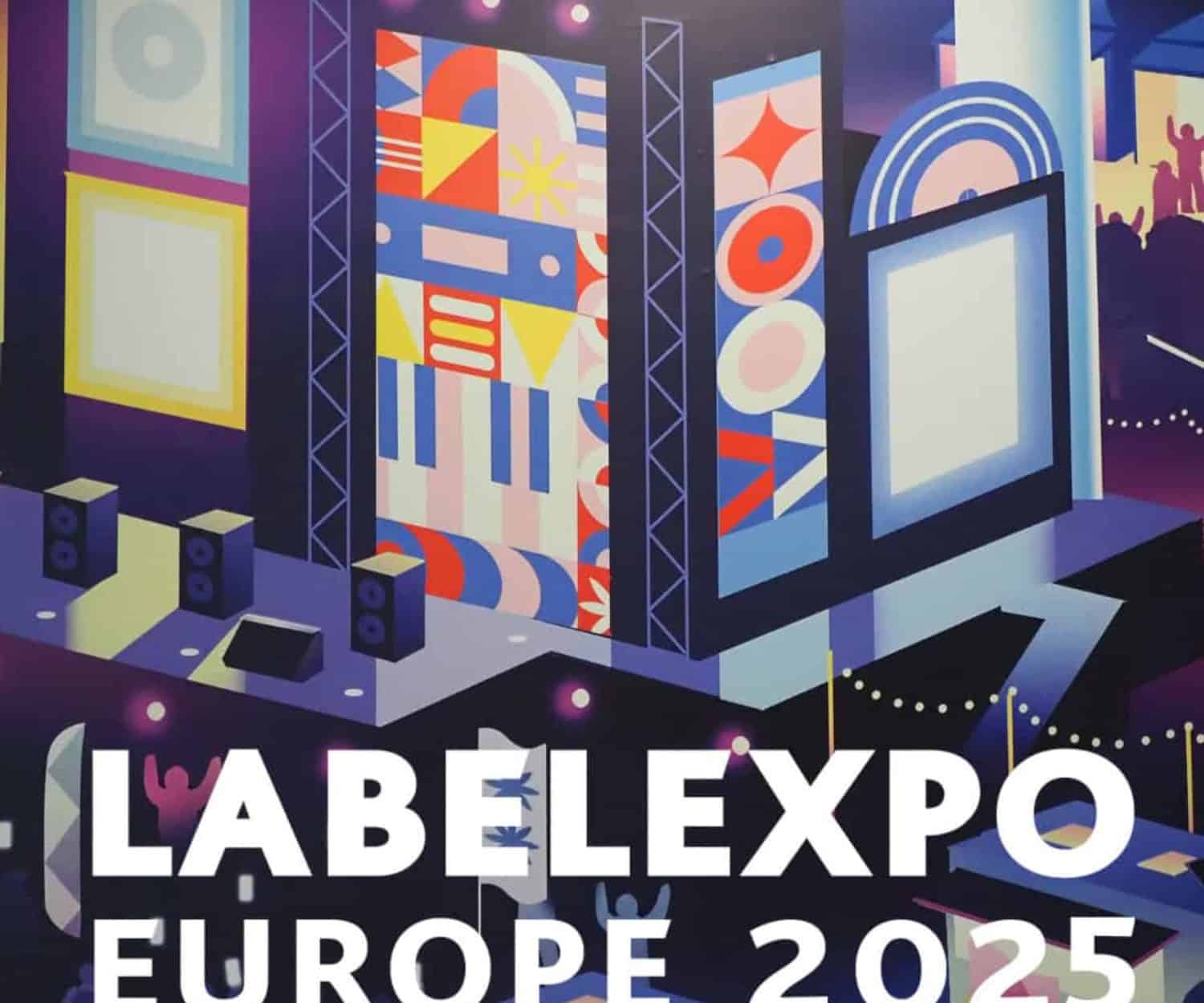 Vibrant stage design for La Bellexo Europe 2025 event, featuring colourful geometric graphics, LED screens, and lighting effects.