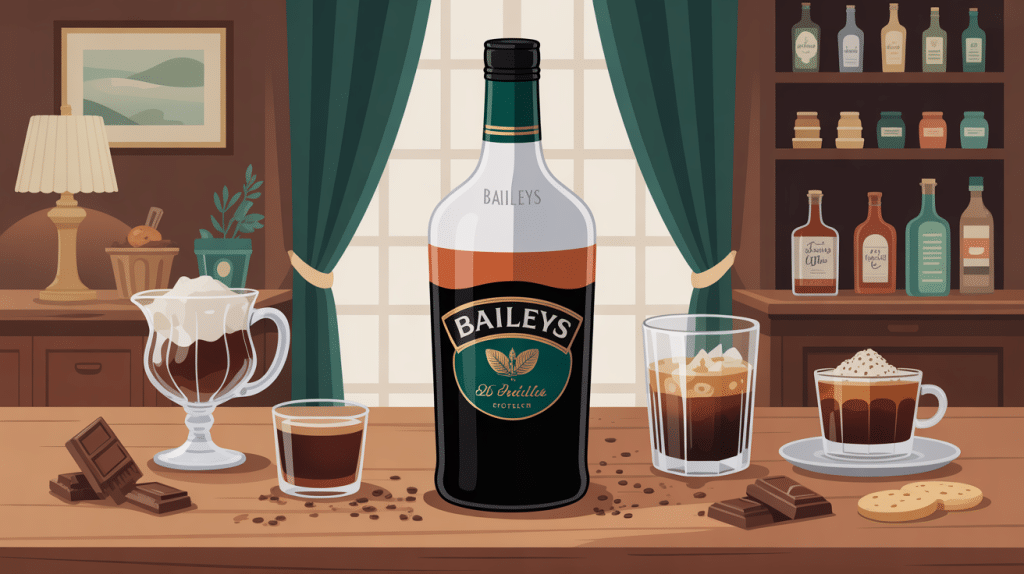 illustration de baileys bouteille avec chocolat café et biscuits