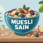 Bol de muesli sain avec flocons, fruits et oléagineux sur table en bois