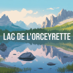 vue du lac de l'orceyrette entouré de montagnes et mélèzes