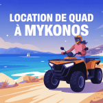 location quad mykonos sur route sinueuse avec plage et village