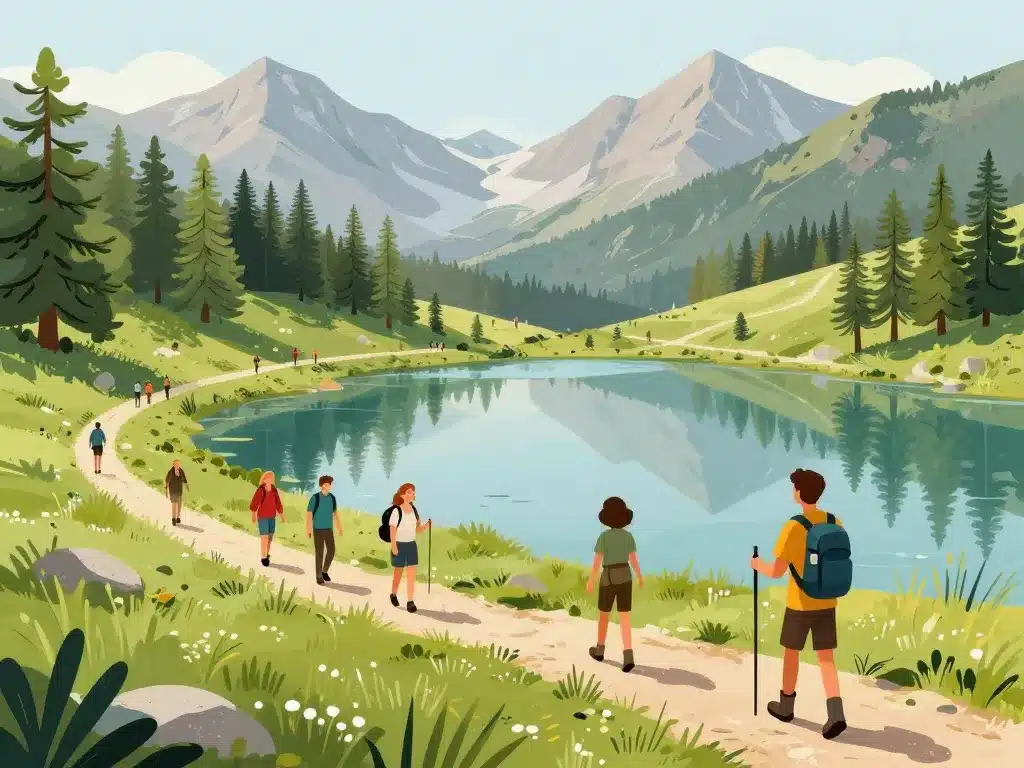 randonneurs sur sentier autour du lac de l'orceyrette