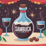 Illustration sambuca bouteille grains de café table méditerranéenne