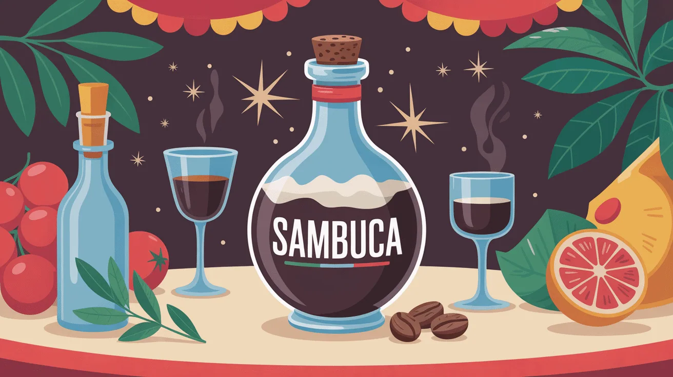 Illustration sambuca bouteille grains de café table méditerranéenne