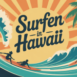 Illustration surfen in hawaii vague planche palmiers